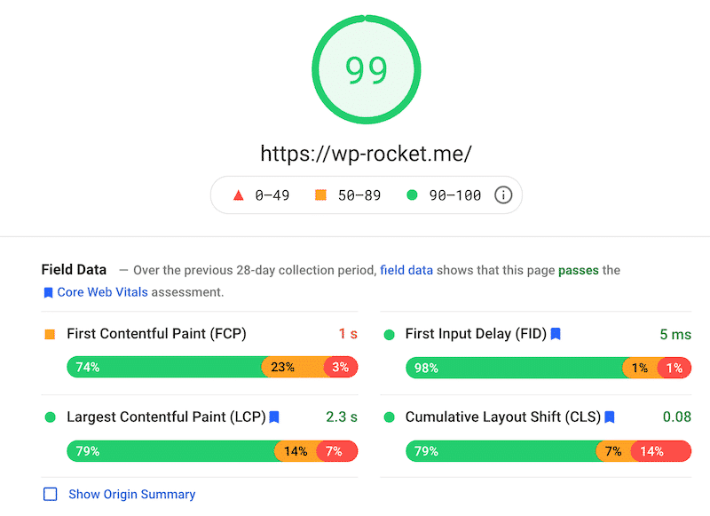 Dados principais de campo da Web Vitais em insights PageSpeed