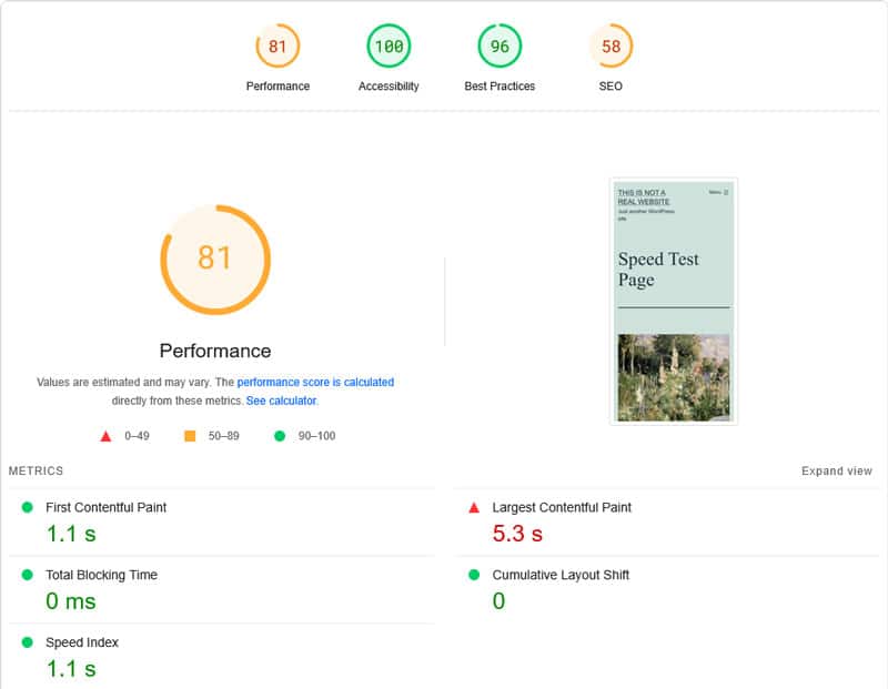 Risultati del test di velocità con cache attivata