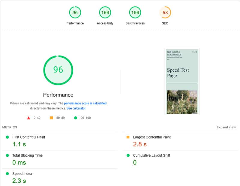 Ek performans iyileştirmelerini etkinleştirdikten sonra hız testi sonuçları