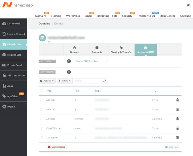 Esempio di impostazioni DNS del registrar di dominio