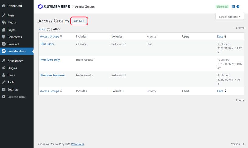 Screenshot des Suremembers Access -Gruppen -Steuerungsbildschirm in WordPress.