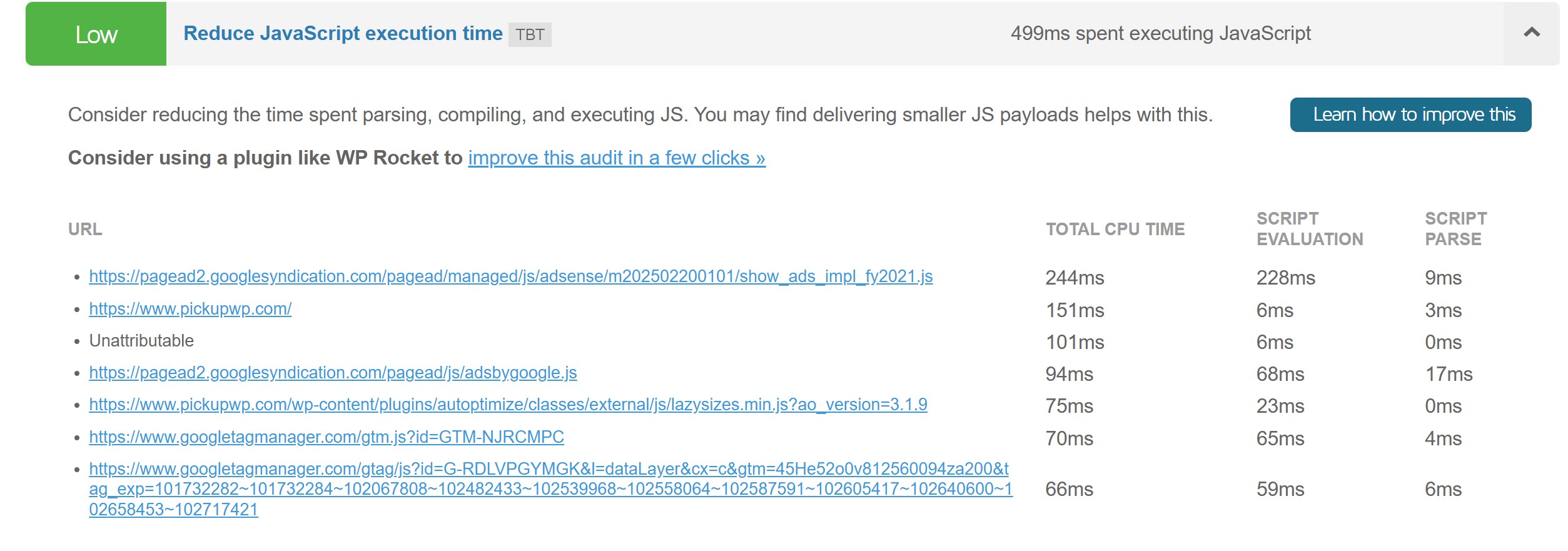 เวลาดำเนินการ GTMetrix JavaScript