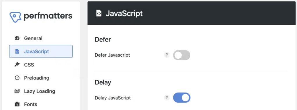 Perfmatters Gecikme JavaScript Yürütme seçeneği