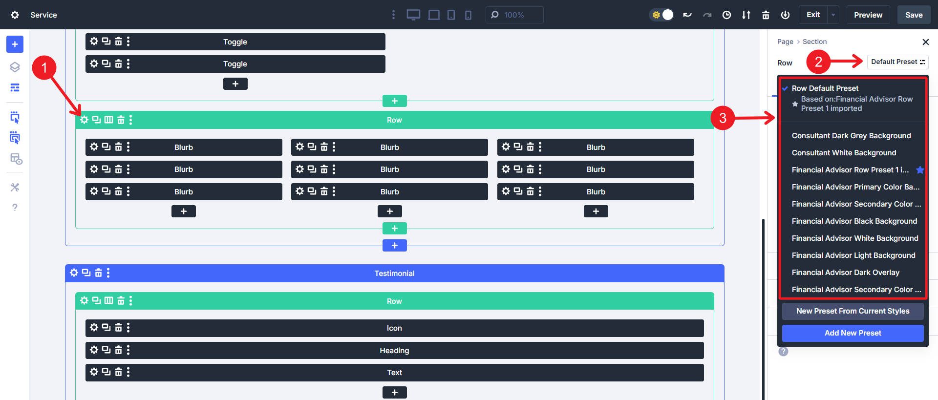 Contoh Preset untuk Baris Divi dan Bagian