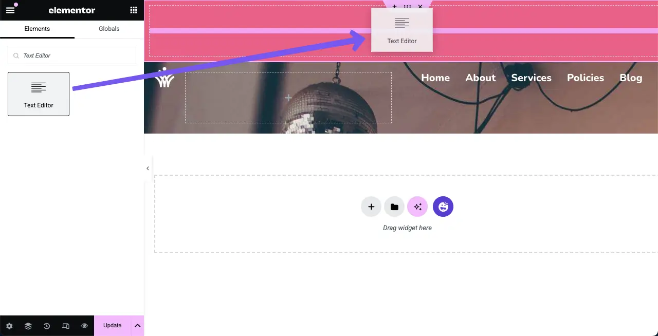 Elementor 5を使用してWordPressにトップバーを追加する方法 Add the text editor widget to the top bar