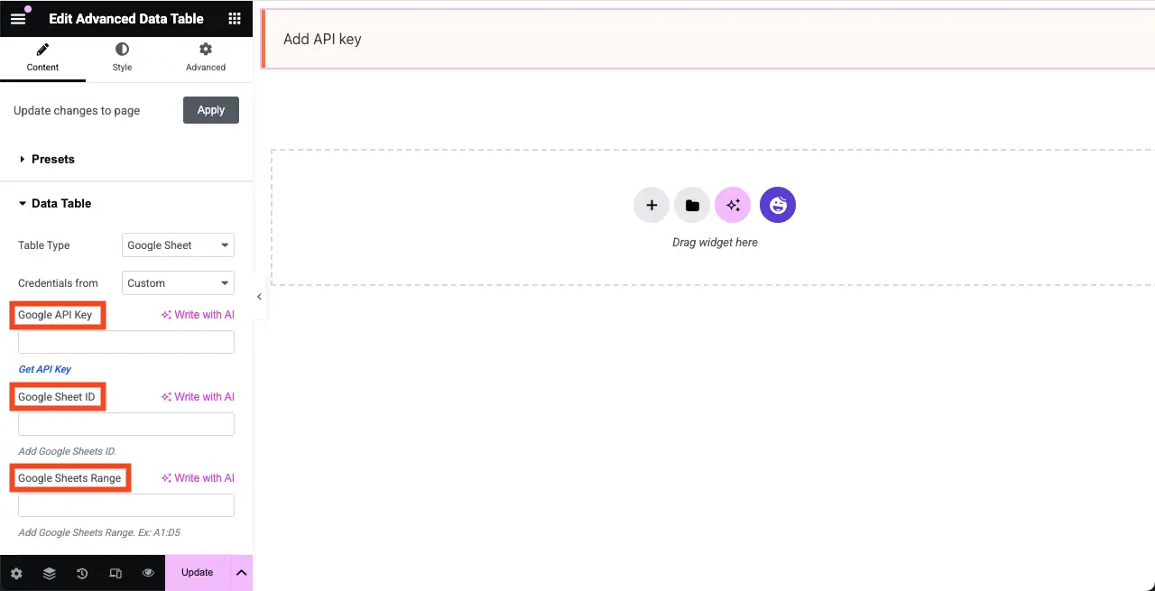 WordPressテーブルにGoogleシートを埋め込み、ソート可能にする方法5 Add Google Sheet information