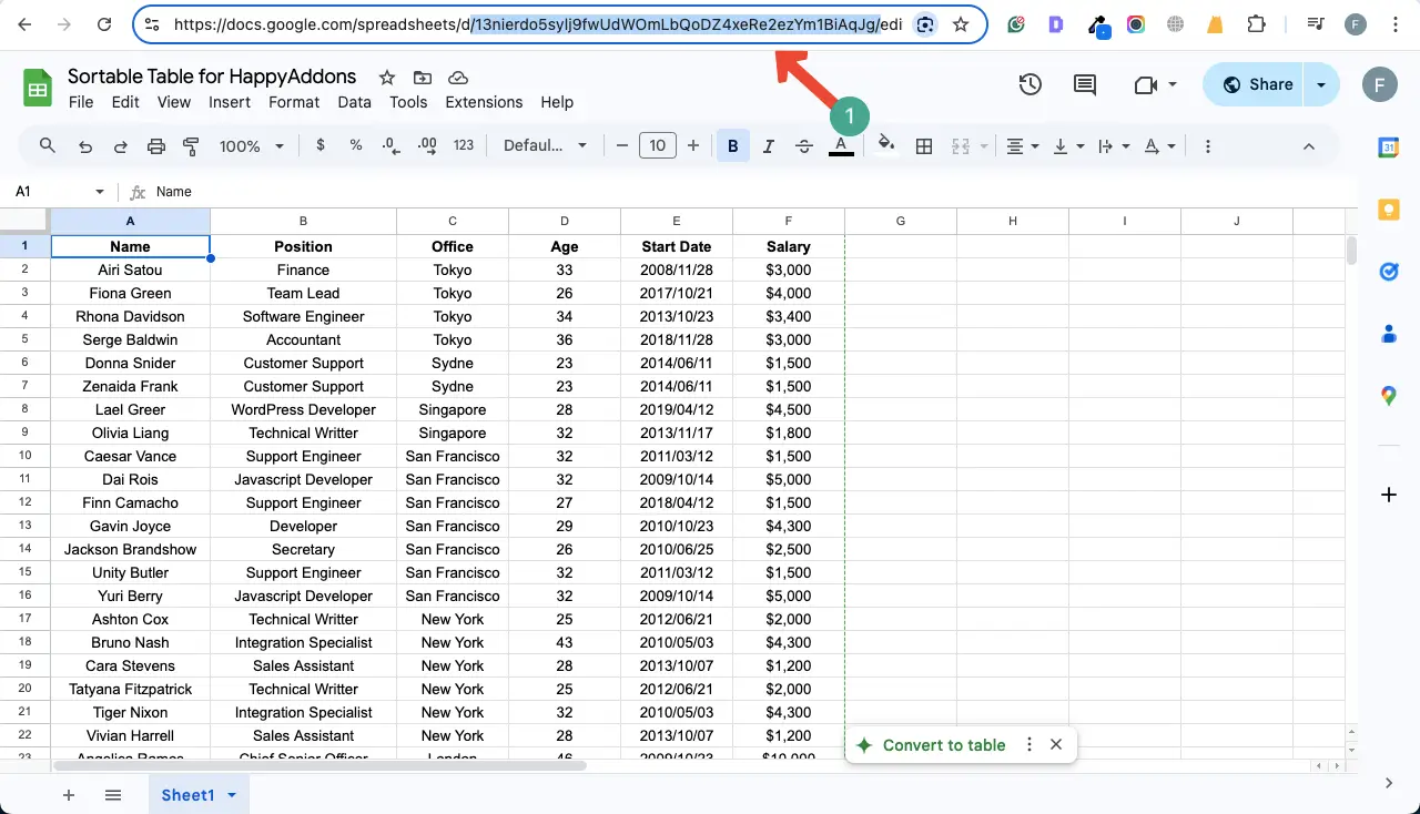 WordPressテーブルにGoogleシートを埋め込み、ソート可能にする方法10 Copy your Google Sheet ID