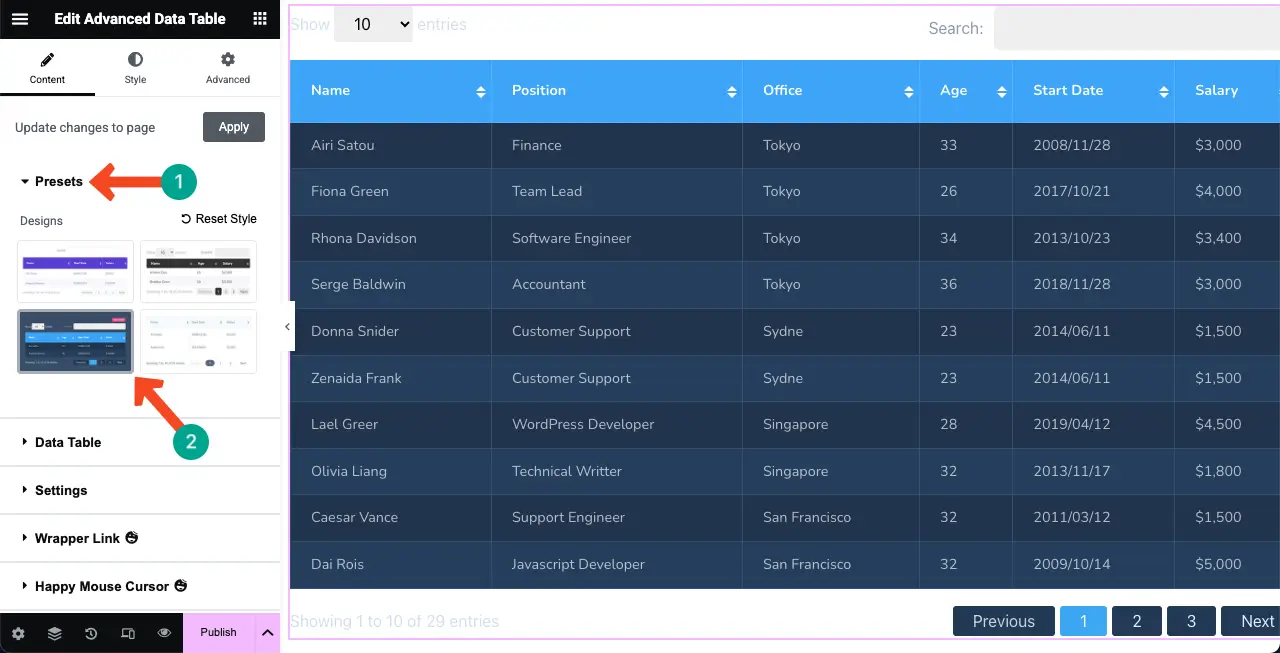 WordPressテーブルにGoogleシートを埋め込み、ソート可能にする方法16 Use a preset for the Advanced Data Table widget