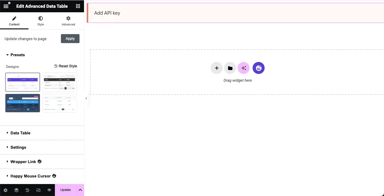WordPressテーブルにGoogleシートを埋め込み、ソート可能にする方法3 The Advanced Data Table widget is added to the editor