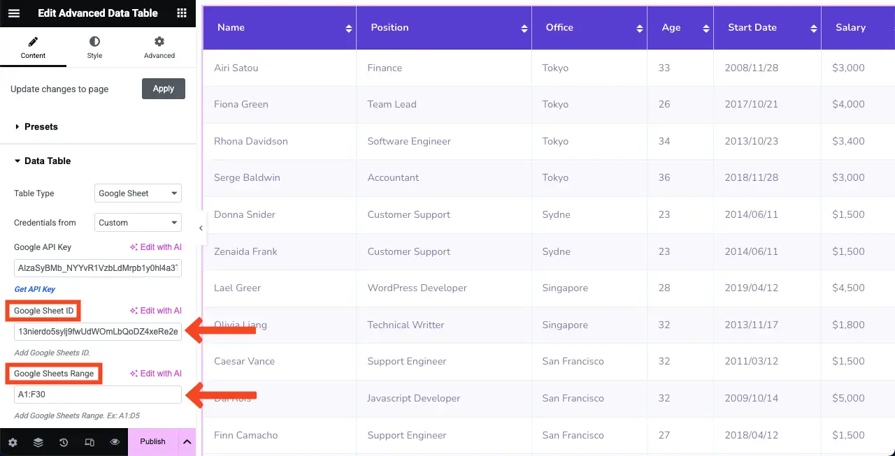 WordPressテーブルにGoogleシートを埋め込み、ソート可能にする方法11 Add Google Sheet ID and Google Sheet Range