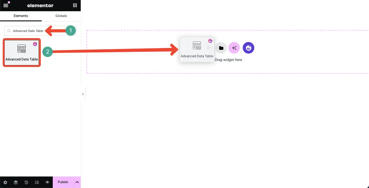 WordPressテーブルにGoogleシートを埋め込み、ソート可能にする方法2 Drag and Drop the Advanced Data Table Widget