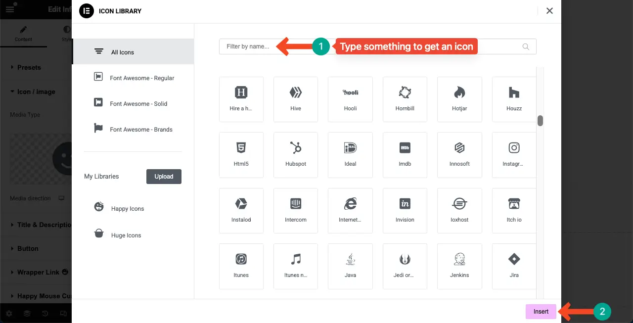 Elementor 7を使用してWordPressで機能ボックスを作成する方法 Find an icon from the icon library
