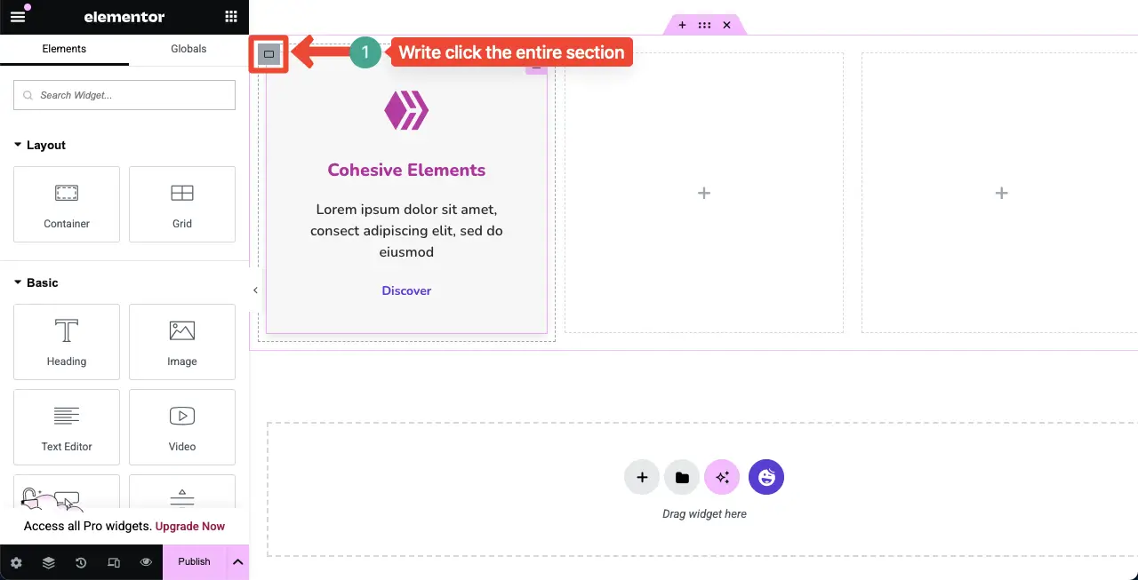 Elementor 18を使用してWordPressで機能ボックスを作成する方法 Select the entire feature box to duplicate it