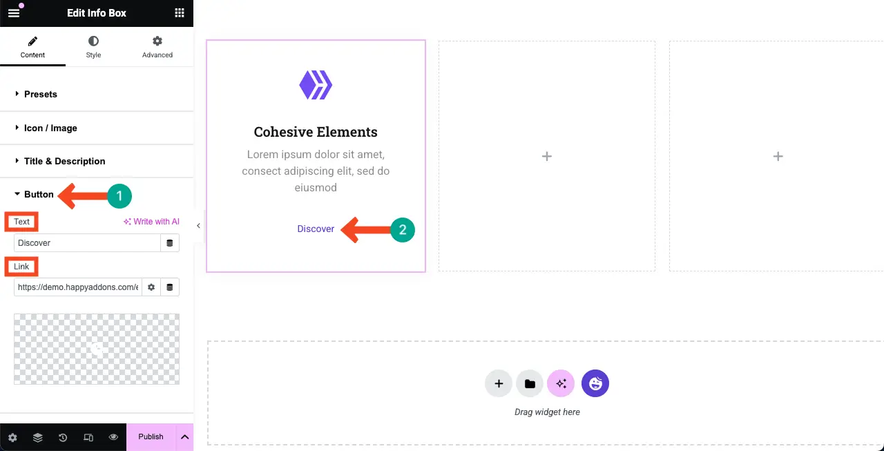 Elementor 10を使用してWordPressで機能ボックスを作成する方法 Configure the Button Settings