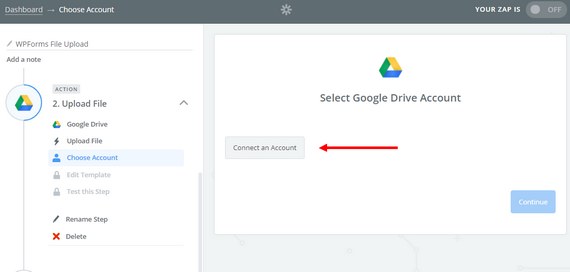 sélectionnez le compte google drive dans zapier