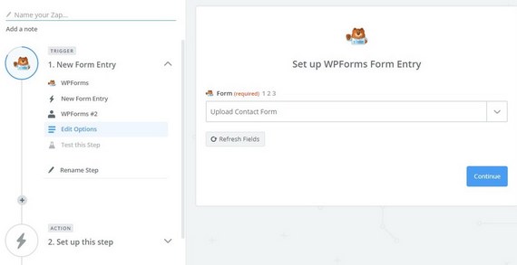 configurer l'entrée wpforms dans zapier pour envoyer les téléchargements de formulaires sur google drive