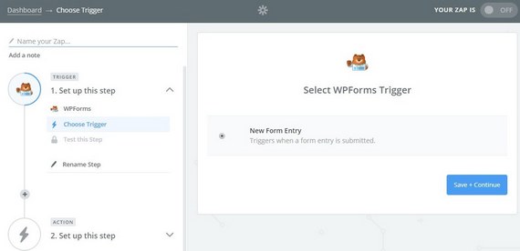 sélectionnez le déclencheur wpforms pour envoyer les téléchargements wordpress sur google drive