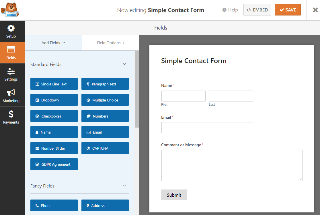 semplice modulo di contatto sulla pagina dei campi di wpforms