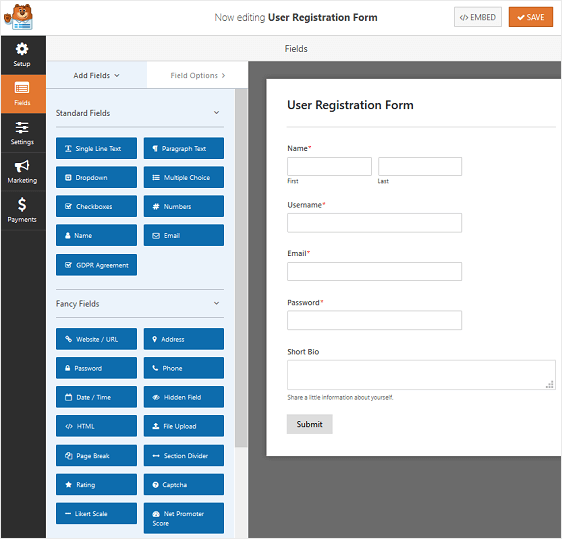 exemplu formular de înregistrare utilizator