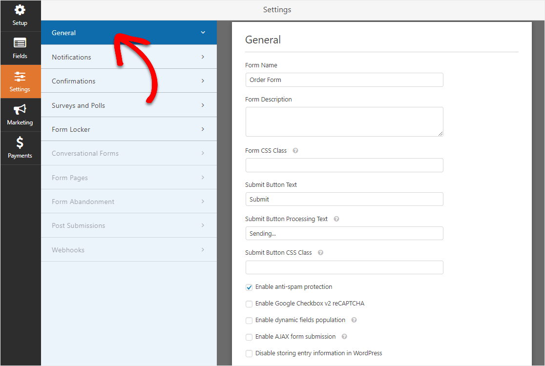 wpforms impostazioni generali per il modulo d'ordine