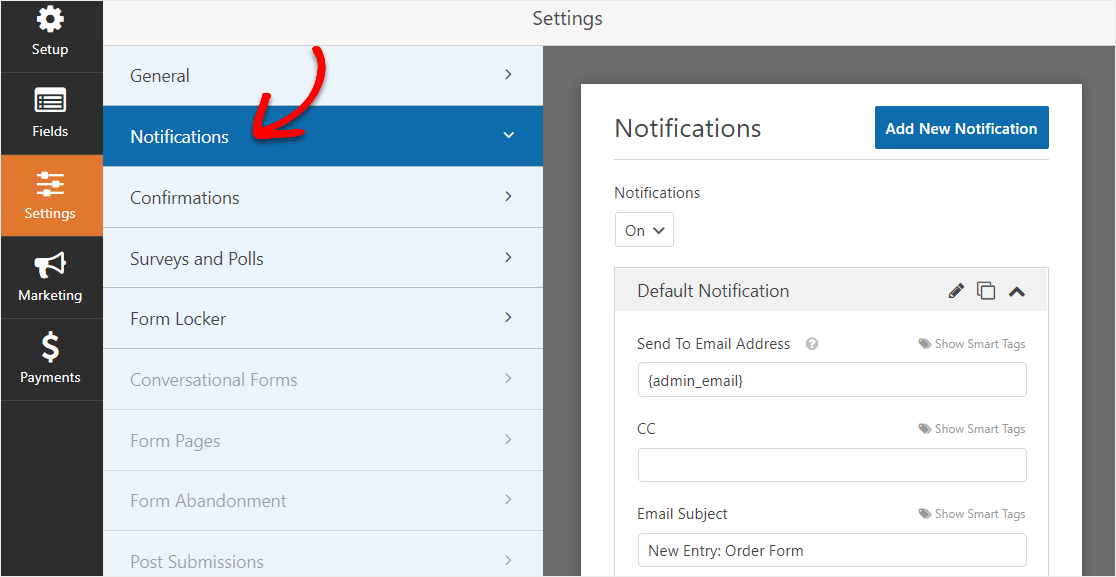 impostazioni di notifica del modulo d'ordine