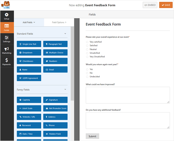 formular de feedback pentru evenimente