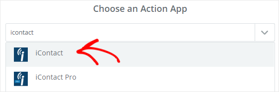 Selectați iContact din caseta de căutare Alegeți acțiunea aplicației