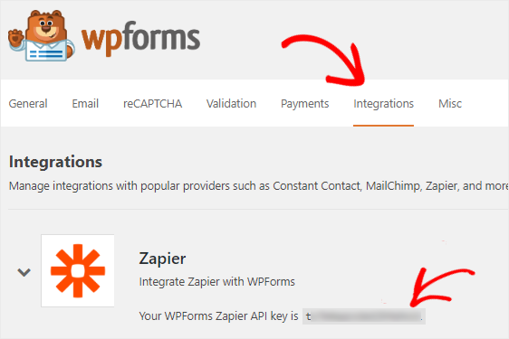 Cheia API a integrării WAPForms Zapier