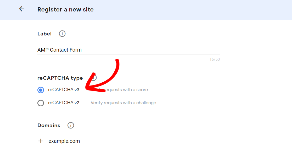 Selectați butonul radio reCAPTCHA v3