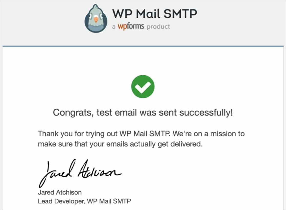 WP-Mail-SMTP-받은 편지함에서 성공적인 테스트 이메일