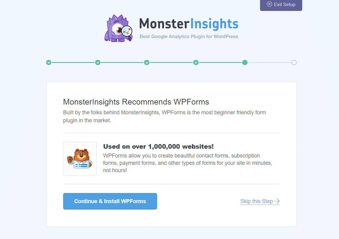 instal wpforms dari wizard pengaturan monsterinsights