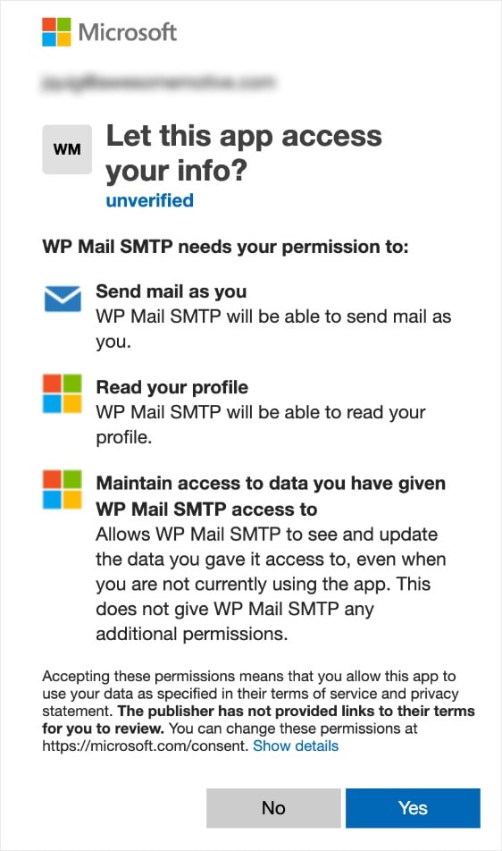 izinkan layar izin pada microsoft outlook smtp