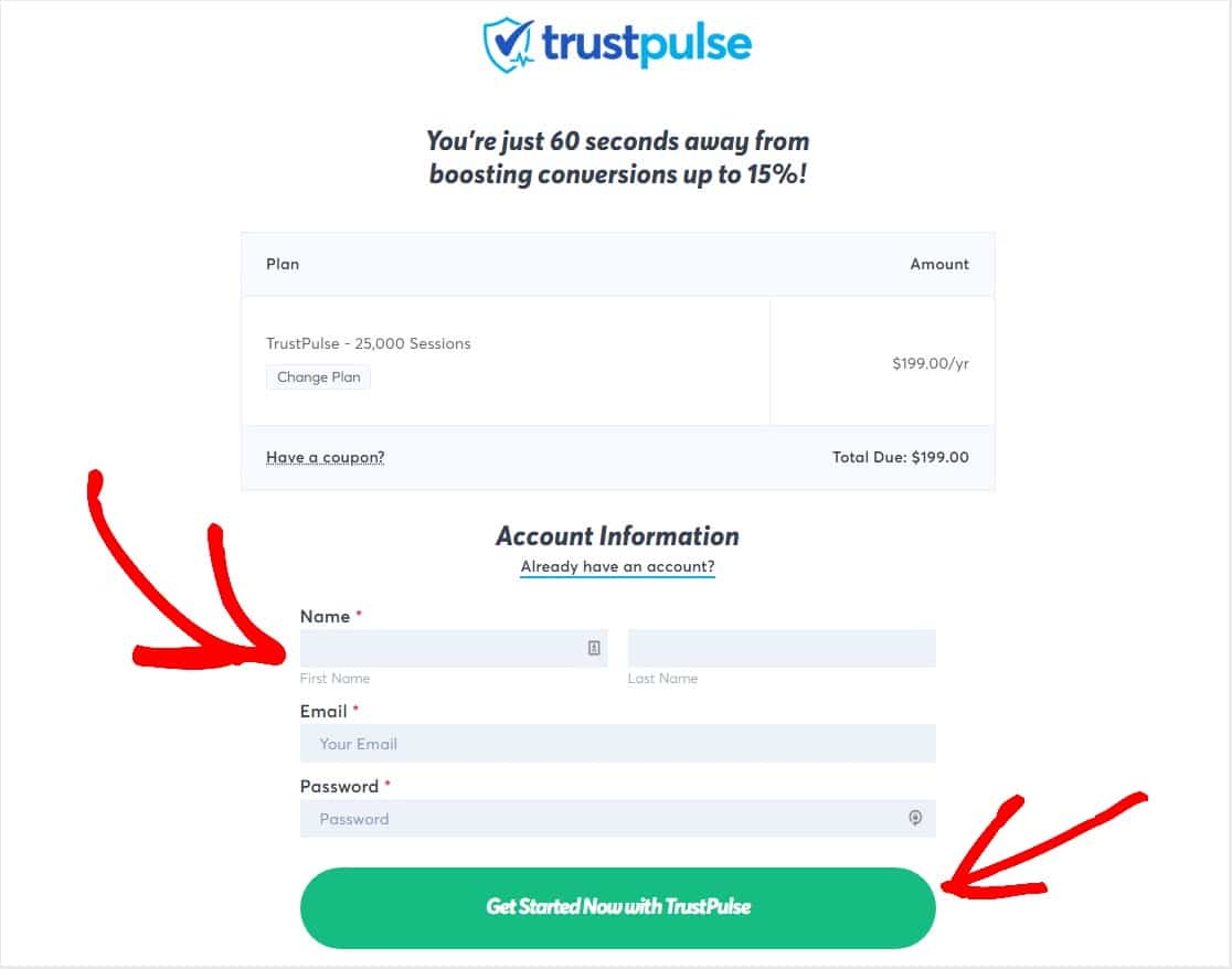 заполните информацию trustpulse