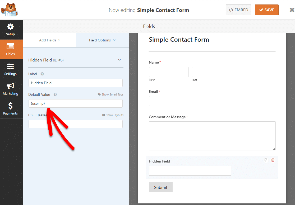 IP пользователя в скрытом поле wpforms