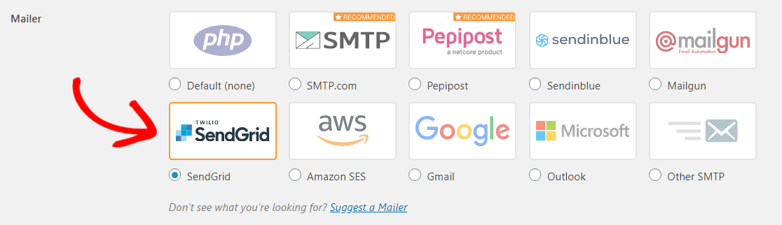 seleziona l'opzione sendgrid mailer in wpmailsmtp