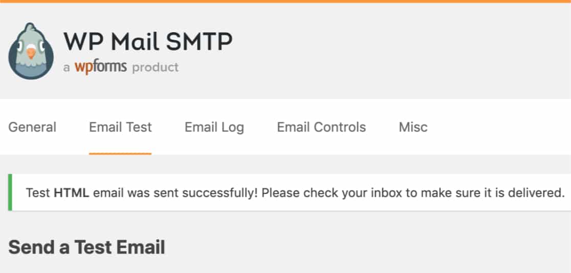 إشعار يعرض البريد الإلكتروني التجريبي الخاص بـ WP Mail SMTP الذي تم إرساله بنجاح