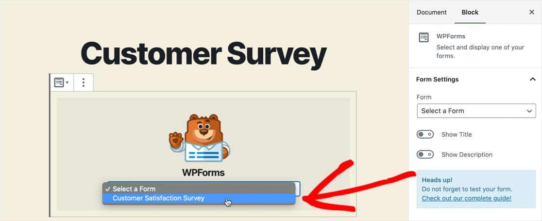 ดรอปดาวน์ WPForms ในตัวแก้ไขบล็อก