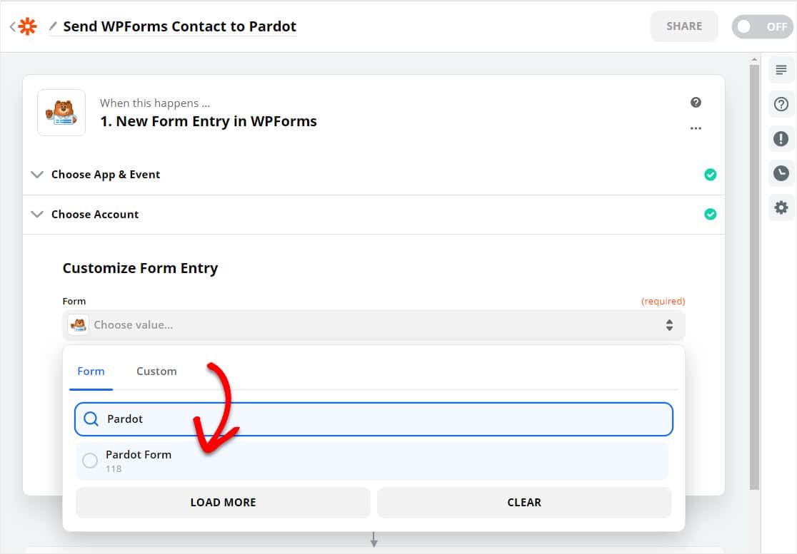 เลือกรูปแบบ wpforms pardot ที่คุณสร้างขึ้น