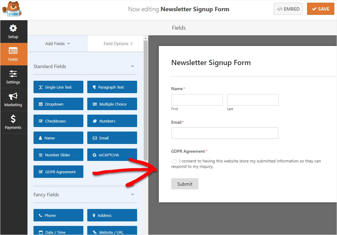 เพิ่มฟิลด์ gdpr ให้กับ aweber wordpress form