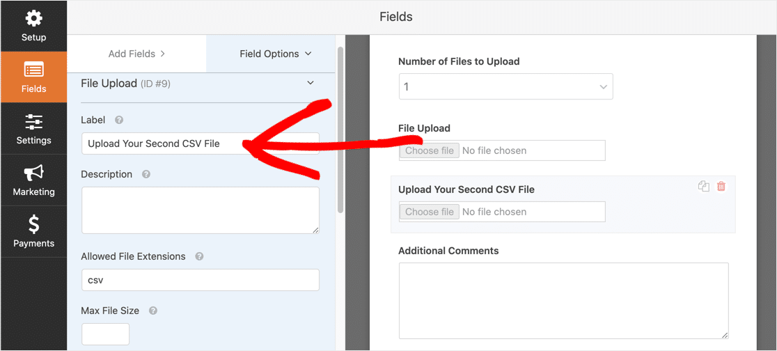 Unggah bidang File CSV Kedua Anda