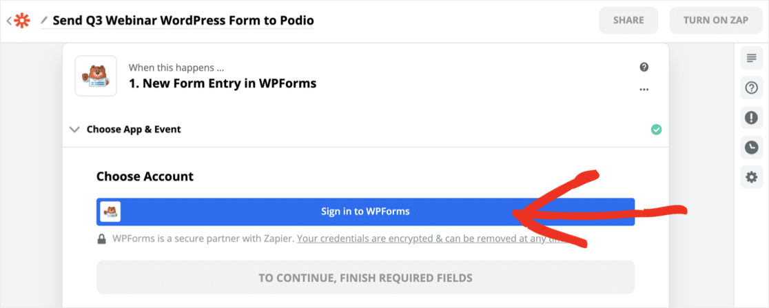 Войдите в WPForms в Zapier