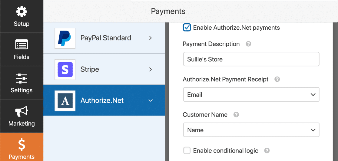 Настройки платежной формы Authorize.net