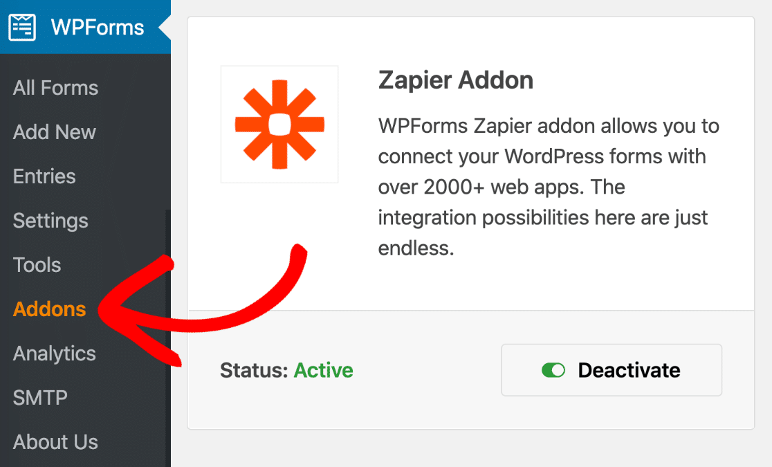 Установите и активируйте надстройку Zapier в WPForms