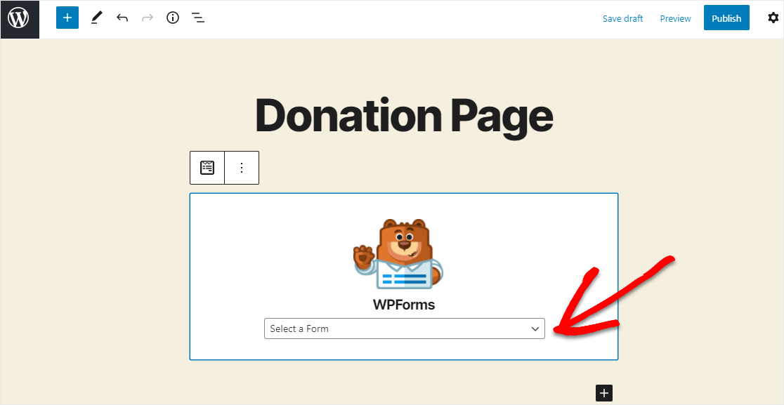 เลือกแบบฟอร์มการบริจาคใน wpforms ดรอปดาวน์