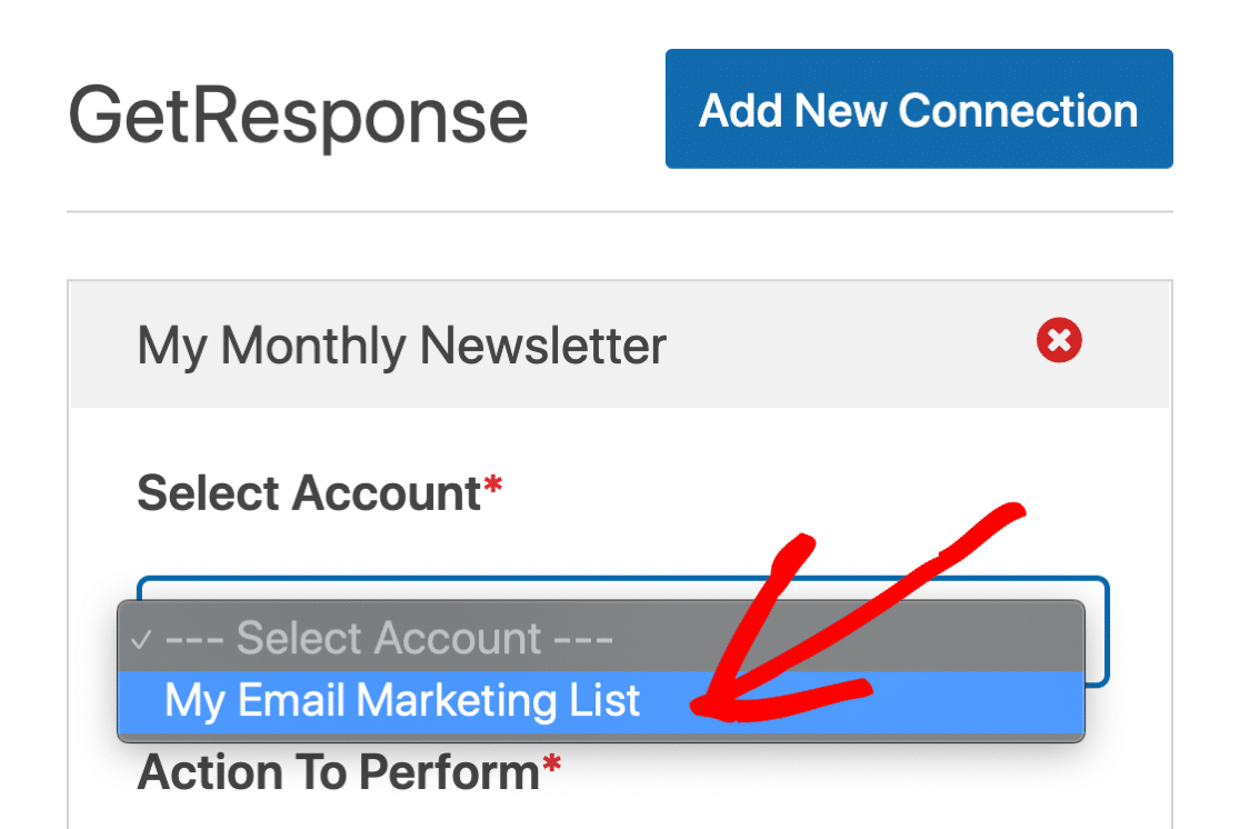 Выберите учетную запись GetResponse в WordPress