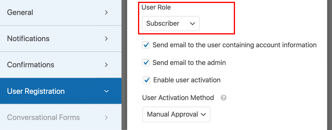 ตั้งค่าบทบาทเริ่มต้นเป็น Subscriber ในแบบฟอร์มการลงทะเบียนผู้ใช้แบบกำหนดเอง