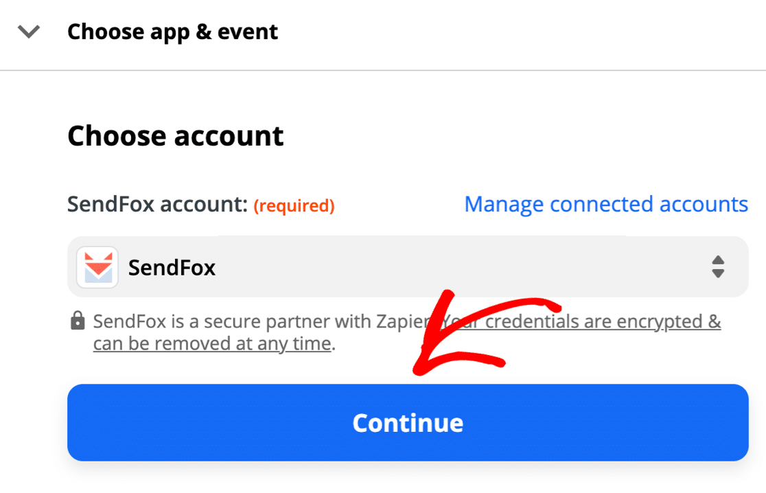 Sélectionnez le compte SendFox dans Zapier