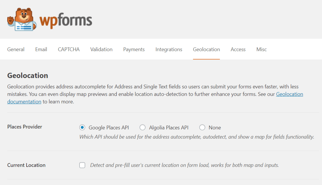 Страница настроек геолокации WPForms