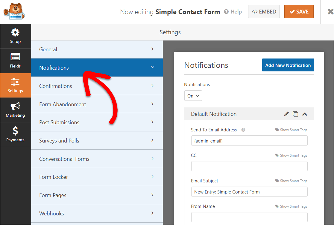 notificări din formularul de câmp de date wordpress data