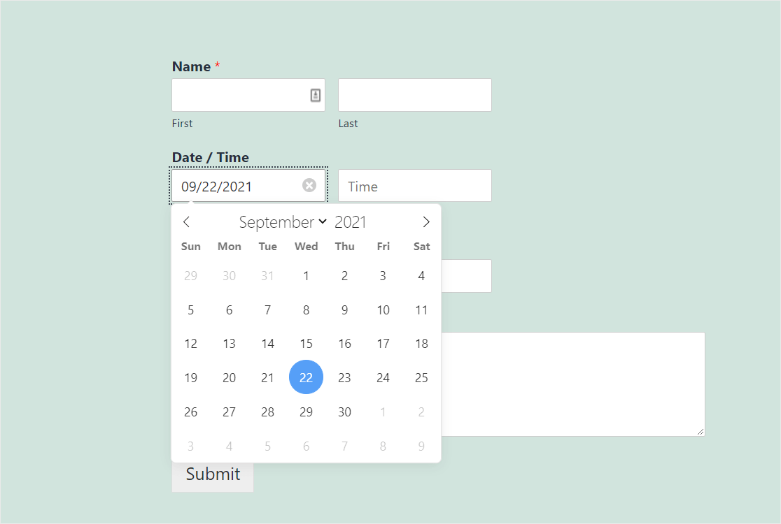 exemplu de format datepicker în formularul de contact